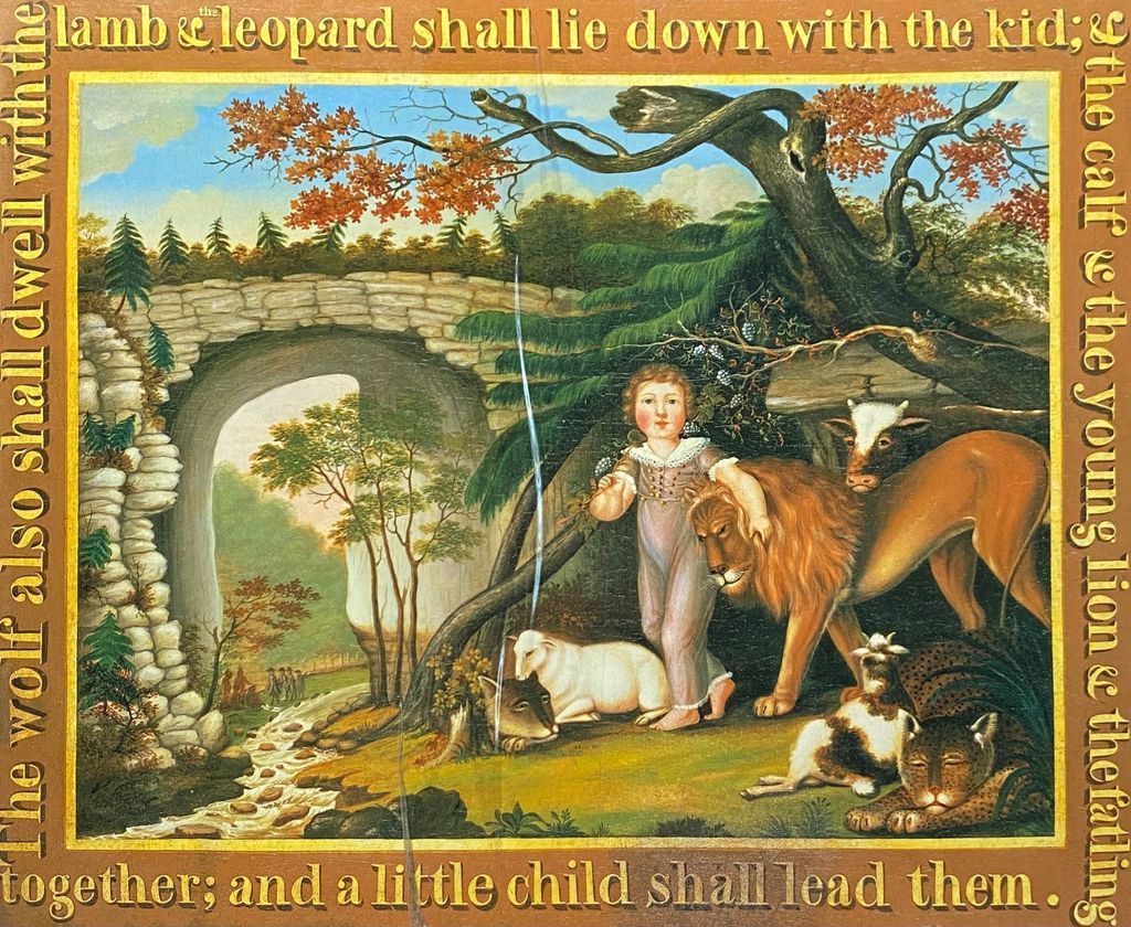 A folk art style painting depicts a child walking peacefully among wild and domestic animals under a stone archway.