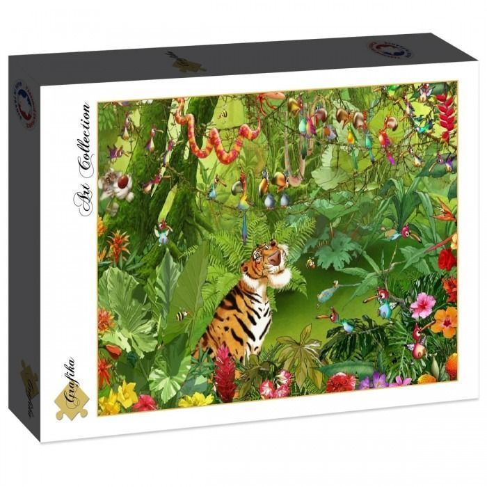 Cartoon-style jungle scene with a smiling tiger surrounded by birds, insects, and colorful tropical flowers.