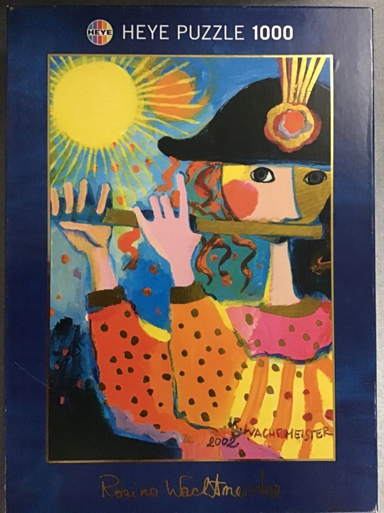 Stylized painting of a figure in a Napoleonic hat playing a flute against a bright yellow sun by Rosina Wachtmeister.