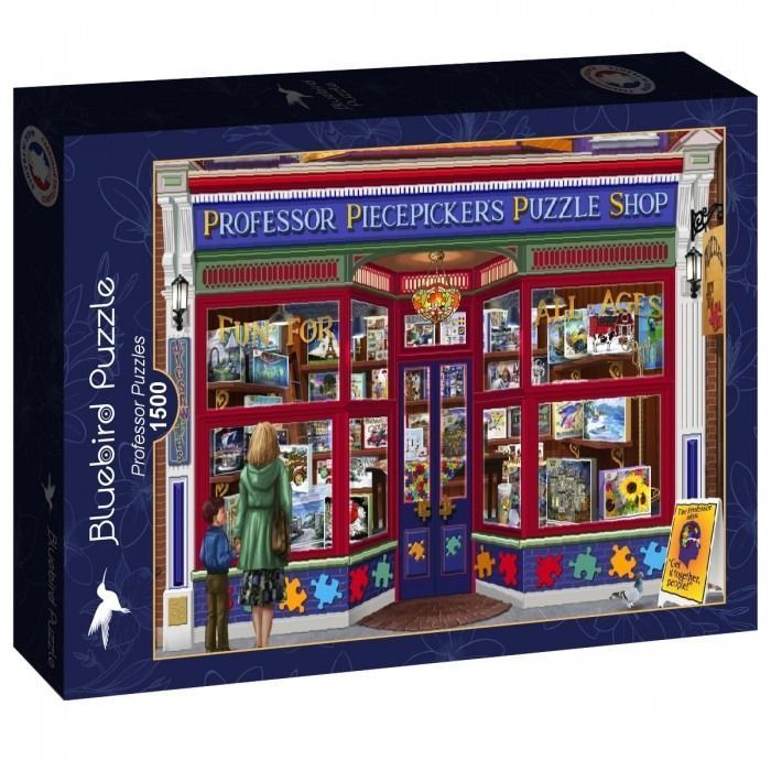 Illustration of a quaint puzzle shop storefront with a woman and child looking into the window.