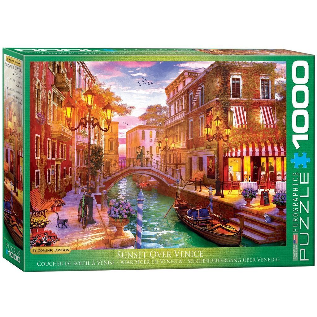 A digital painting of a Venice canal at sunset featuring a bridge, gondola, and historic brick buildings.