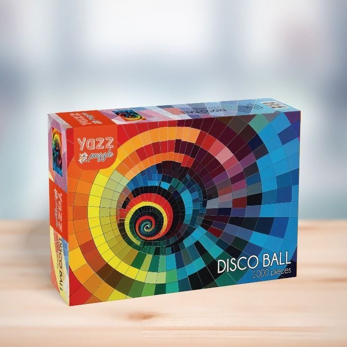 An abstract spiral pattern composed of multi-colored square tiles, radiating from a central point.