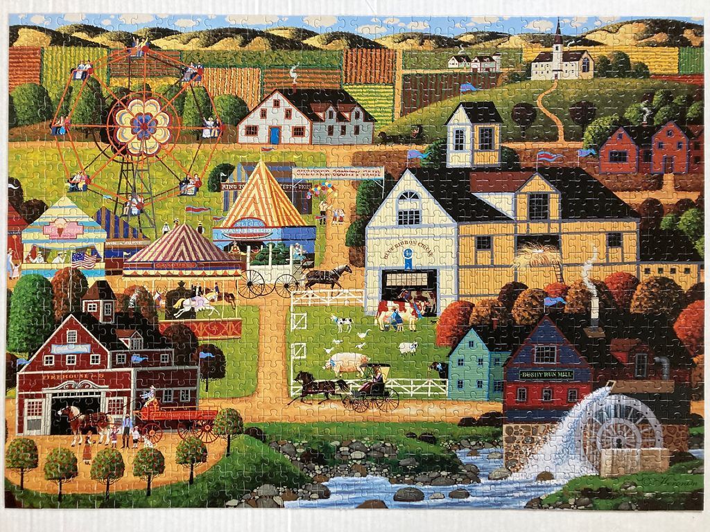 Folk art scene of a rural county fair with a Ferris wheel, water mill, and farm buildings.