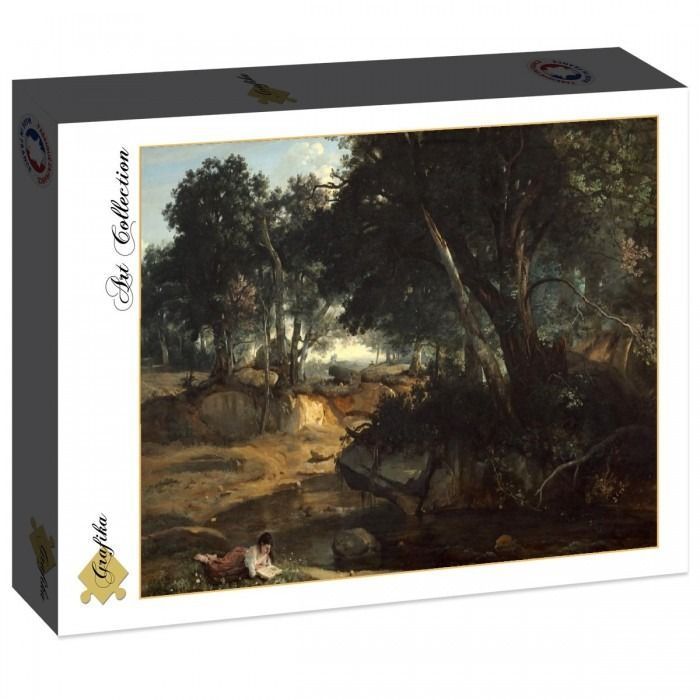 Classical oil painting of a woman reading by a stream in a wooded, sunlit forest clearing.