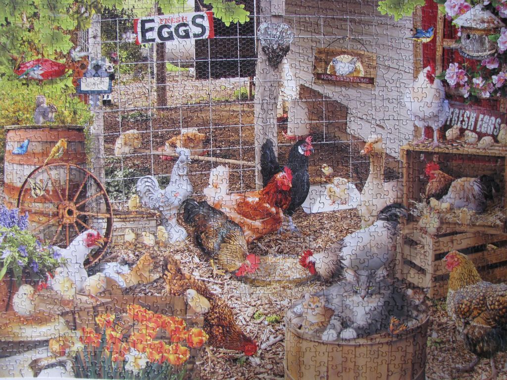 A rustic chicken coop scene filled with various hens, roosters, and chicks amongst garden decor.