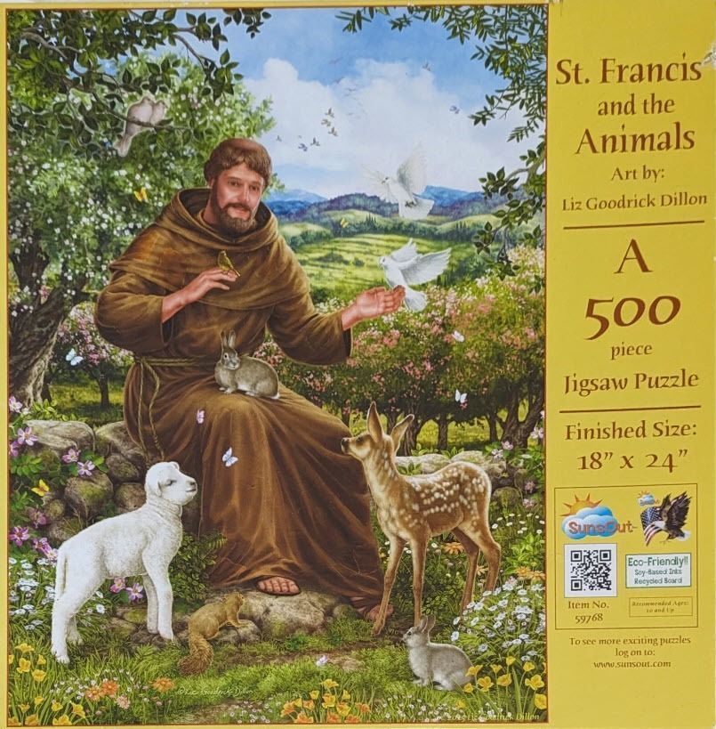 Saint Francis of Assisi sitting in a lush meadow surrounded by various animals and birds in a painterly style.