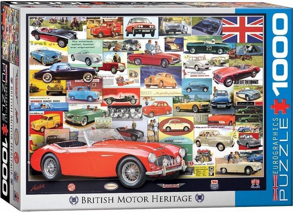 Collage of vintage British motorcars featuring a large red convertible in the foreground.