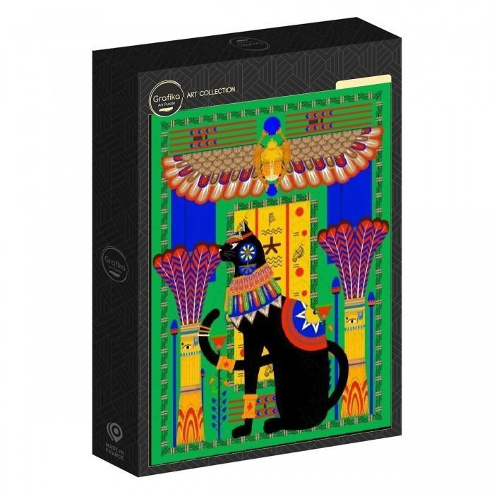 An illustration of a stylized black cat adorned in Egyptian-style jewelry against a vibrant green background.