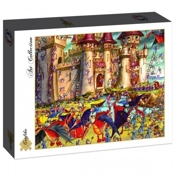 Cartoon illustration of a chaotic medieval castle scene filled with dragons, wizards, and fantastical creatures.