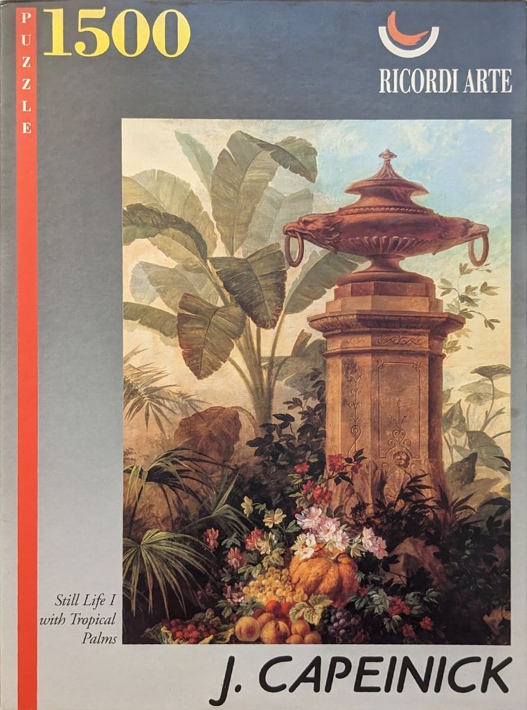 An oil painting of a classical stone pedestal topped with an urn, surrounded by tropical foliage, flowers, and fruit.