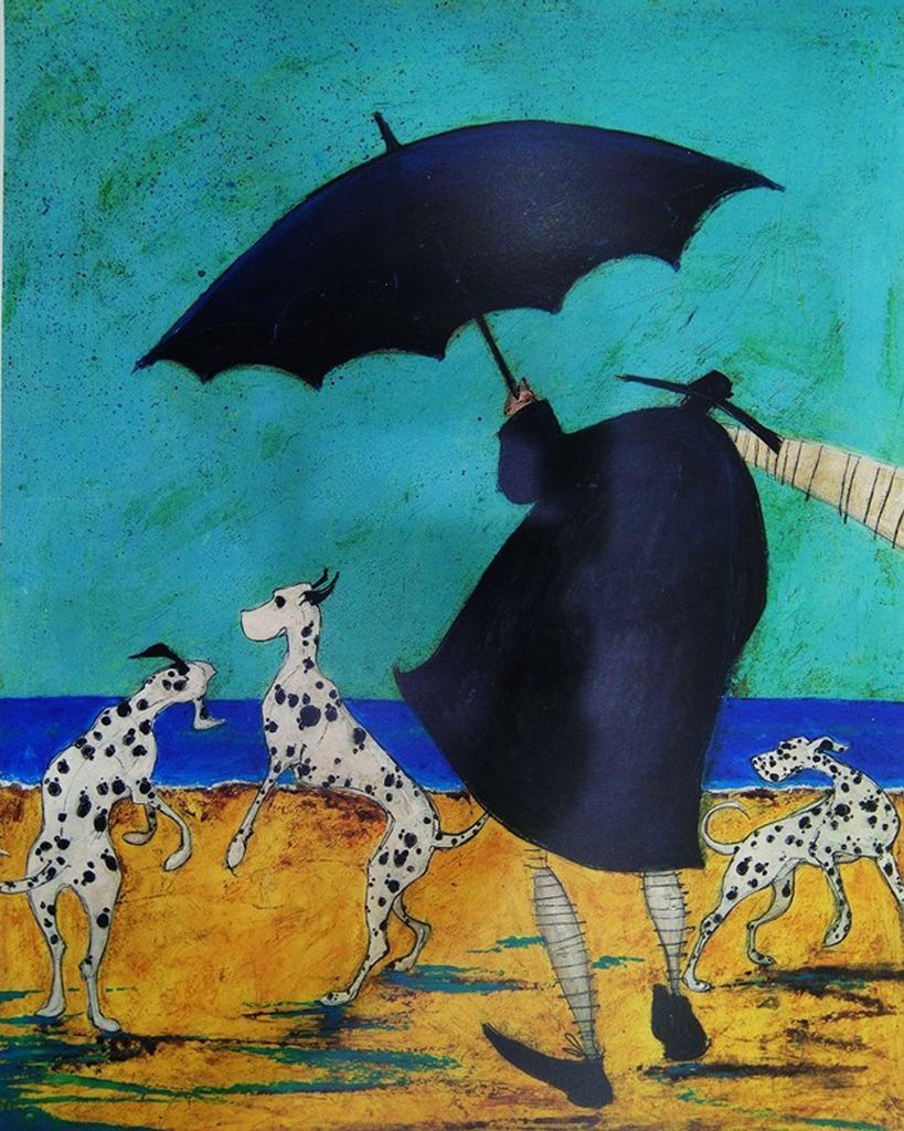A figure in a dark coat and umbrella walking on a beach with three spotted dalmatians.