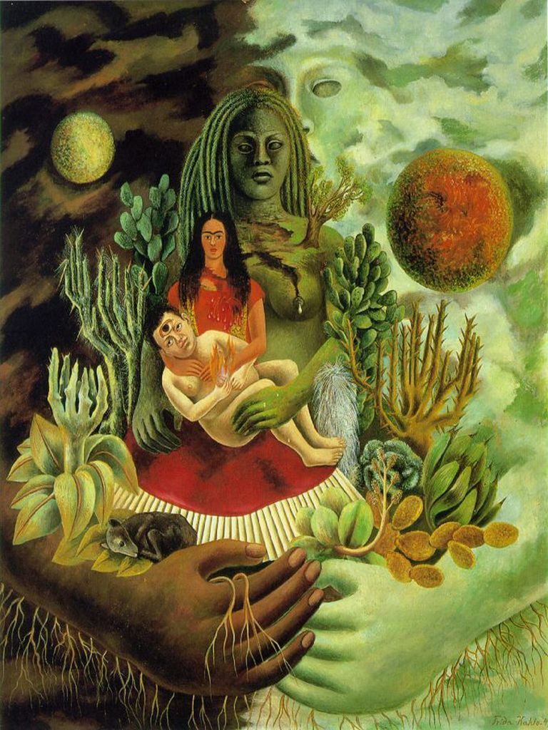 A surrealist painting featuring a mother figure holding a child, surrounded by cacti and cosmic elements.