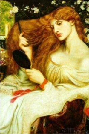 A woman with long, vibrant red hair sits and brushes her locks while looking into a small handheld mirror.