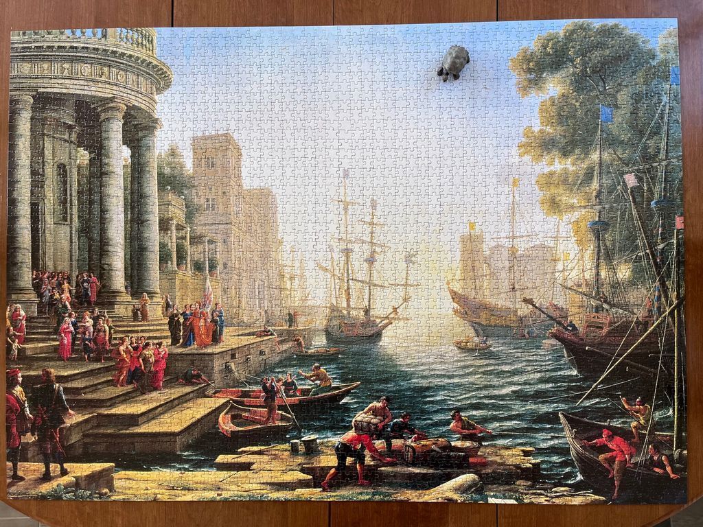 A classical oil painting scene of a busy Mediterranean seaport at sunrise with ships and marble architecture.