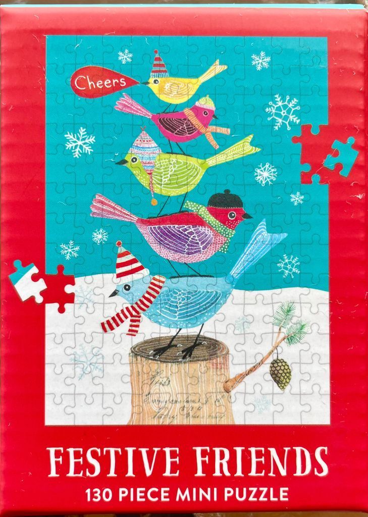 Illustration of five stacked colorful birds in hats and scarves against a winter background with snowflakes.