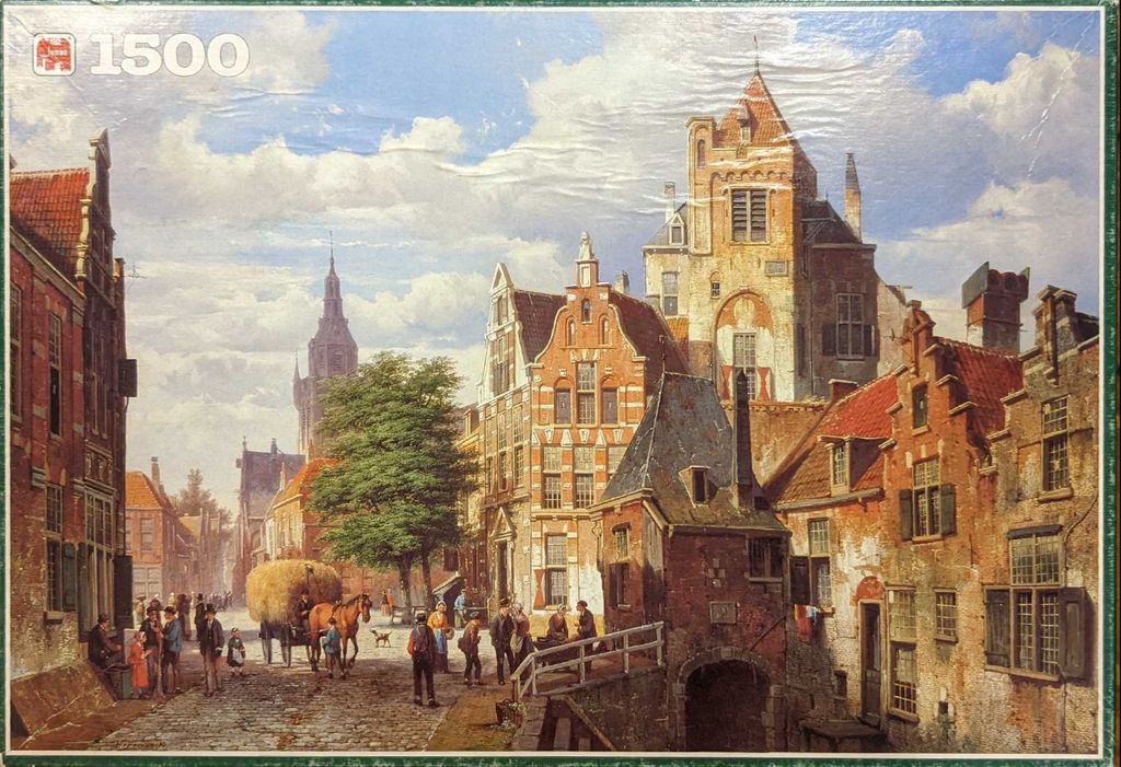 An oil painting of a 17th-century Dutch canal street scene with brick buildings, a horse-drawn cart, and townspeople.