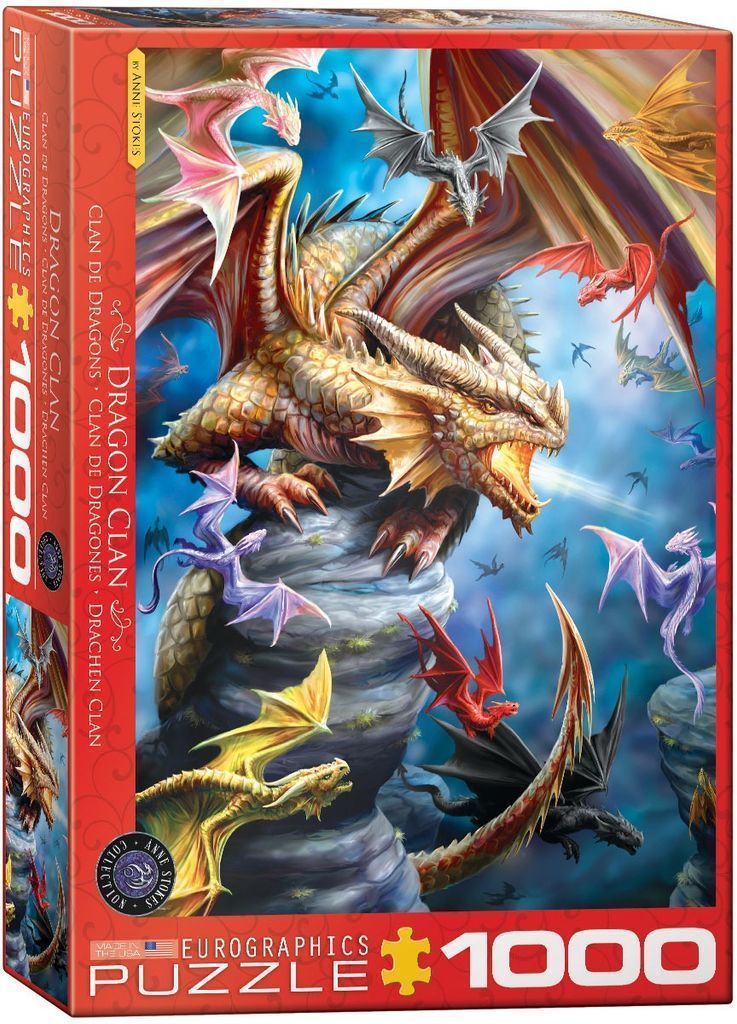 Fantasy illustration of a large golden dragon perched on a rock spire surrounded by a swarm of smaller dragons.