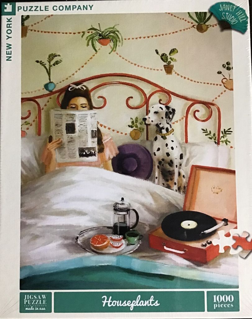 A woman reading a newspaper in bed with a Dalmatian, a record player, and breakfast on a tray, in a whimsical illustration.
