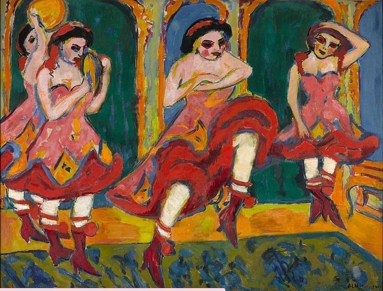 Expressionist painting of three female performers dancing in vibrant red dresses and boots against a dark background.