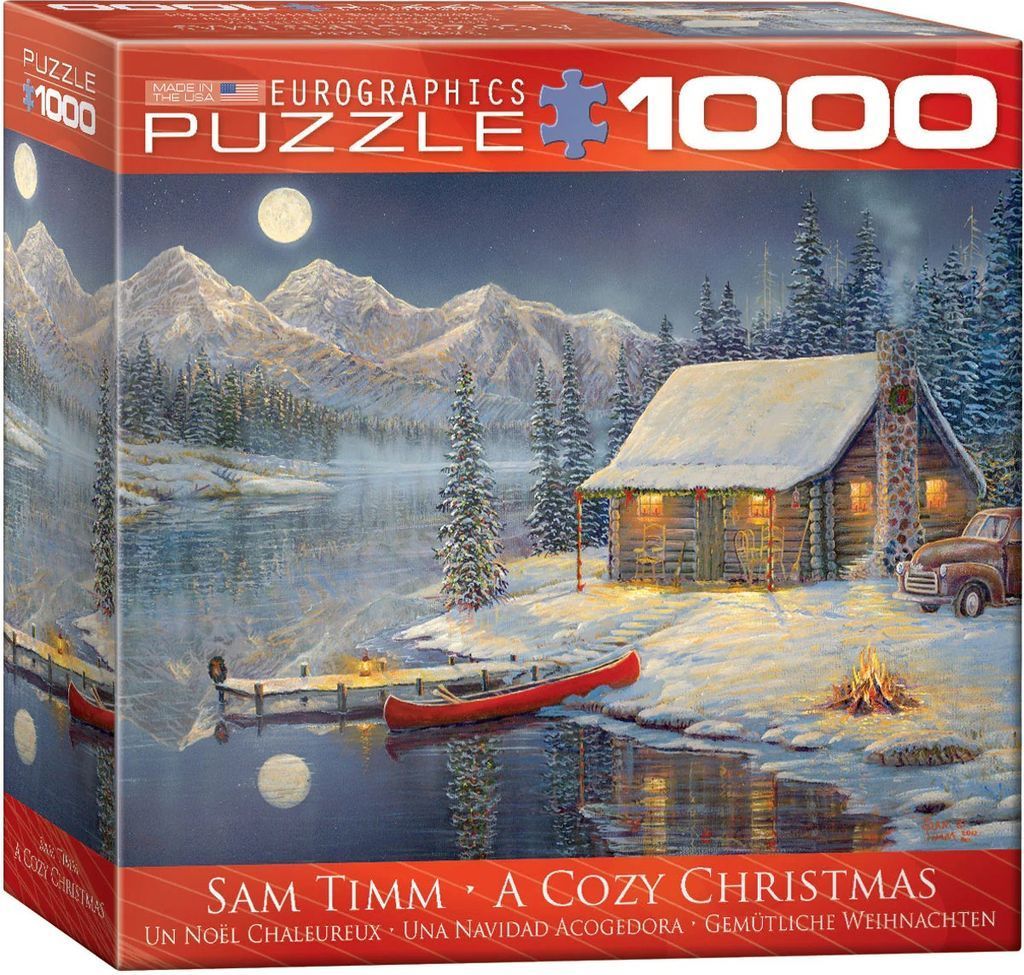 A moonlit winter scene with a cozy log cabin, a red canoe, and snow-covered mountains by a lake.