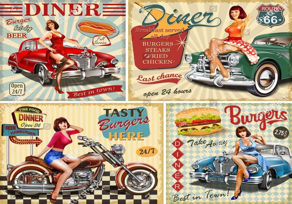 A collage of four vintage-style advertisements featuring pin-up women with classic vehicles and diner food.