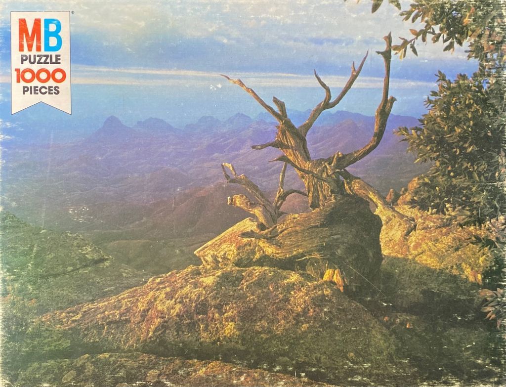 A gnarled, dead tree perched on a rocky mountain ledge overlooking a vast, misty mountain range at sunrise.
