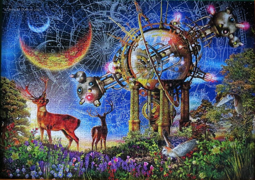 A surreal scene with deer in a meadow beneath a glowing celestial machine and a night sky.