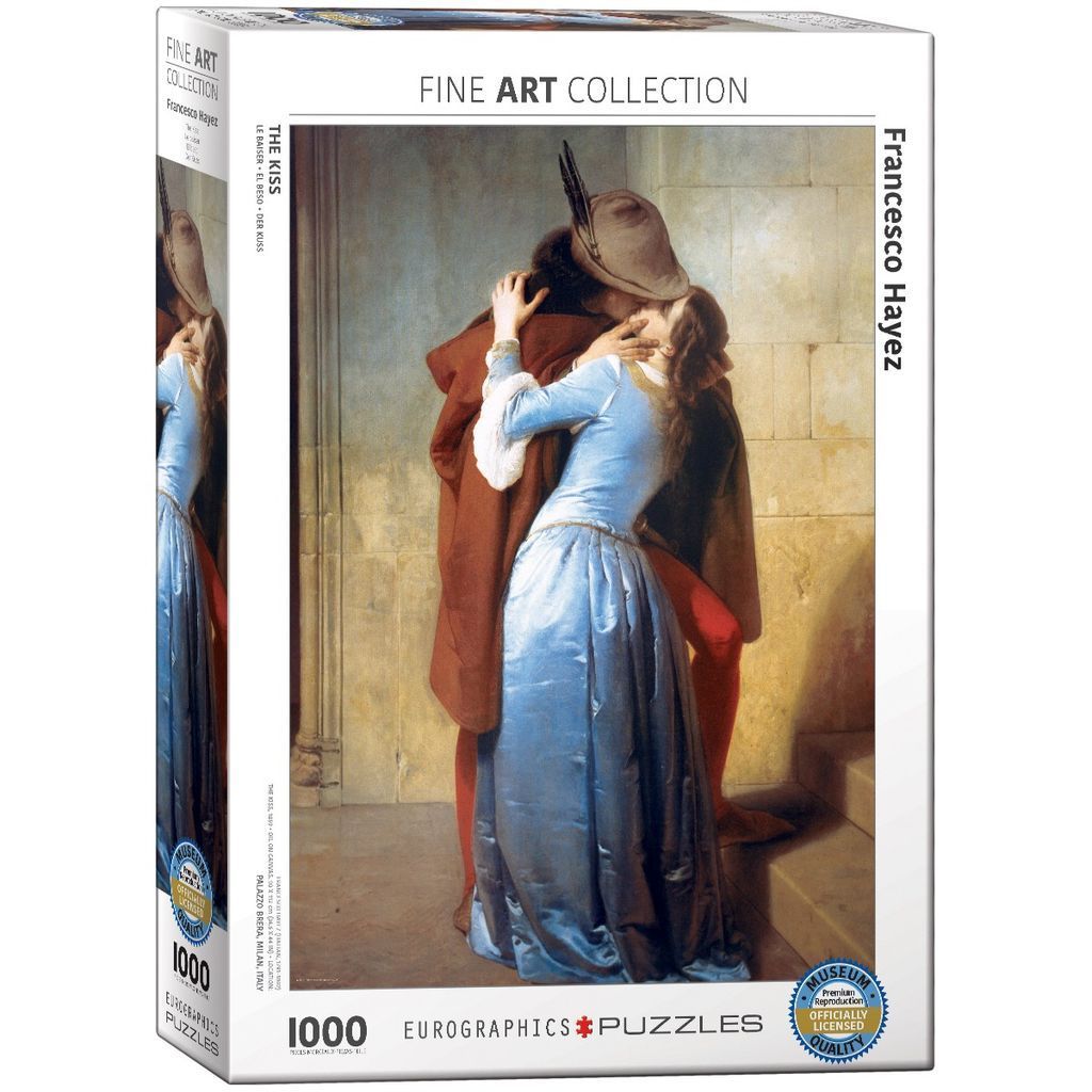 A reproduction of Francesco Hayez's oil painting The Kiss showing a couple embracing on stone steps.