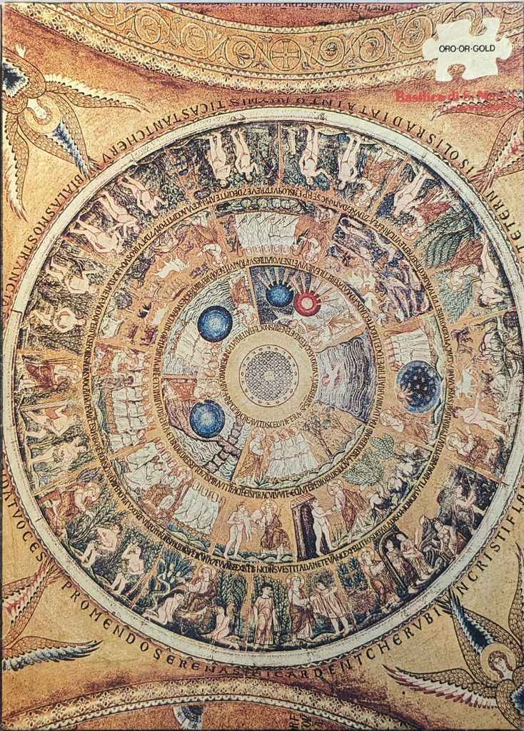 A circular medieval-style mosaic depicting the Creation story, featuring concentric rings of narrative scenes.