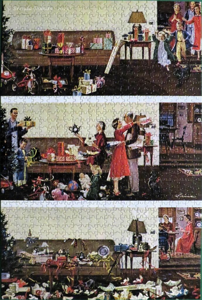 A three-panel illustration showing the progression of a chaotic Christmas morning with a family.