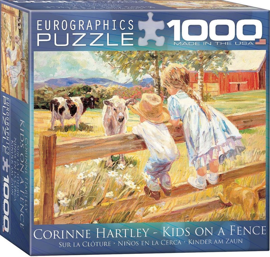 An impressionist painting of two children leaning on a farm fence, looking at cows in a field.