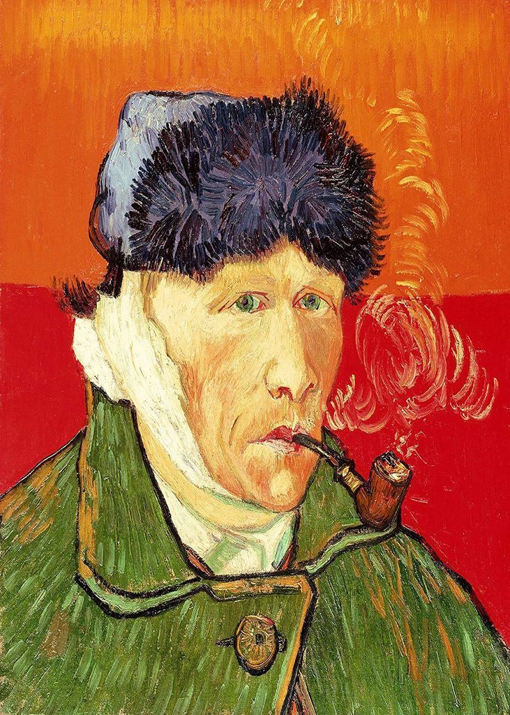 A self-portrait of a man with a bandaged ear, wearing a dark cap and green coat, smoking a pipe against a red background.