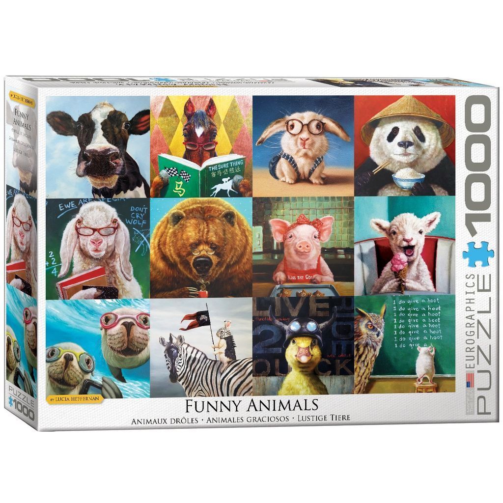 Collage of whimsical, anthropomorphic animals including a reading cow, a bear with coffee, and a panda eating noodles.