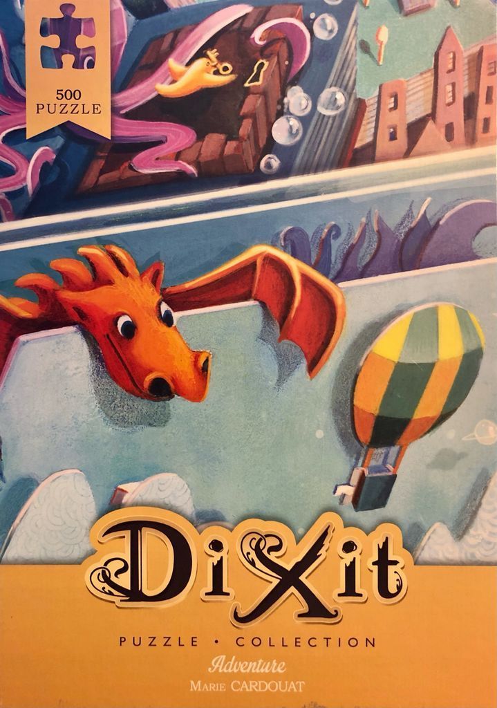 Whimsical illustration featuring a bright orange dragon emerging from a sky-blue landscape near a hot air balloon.