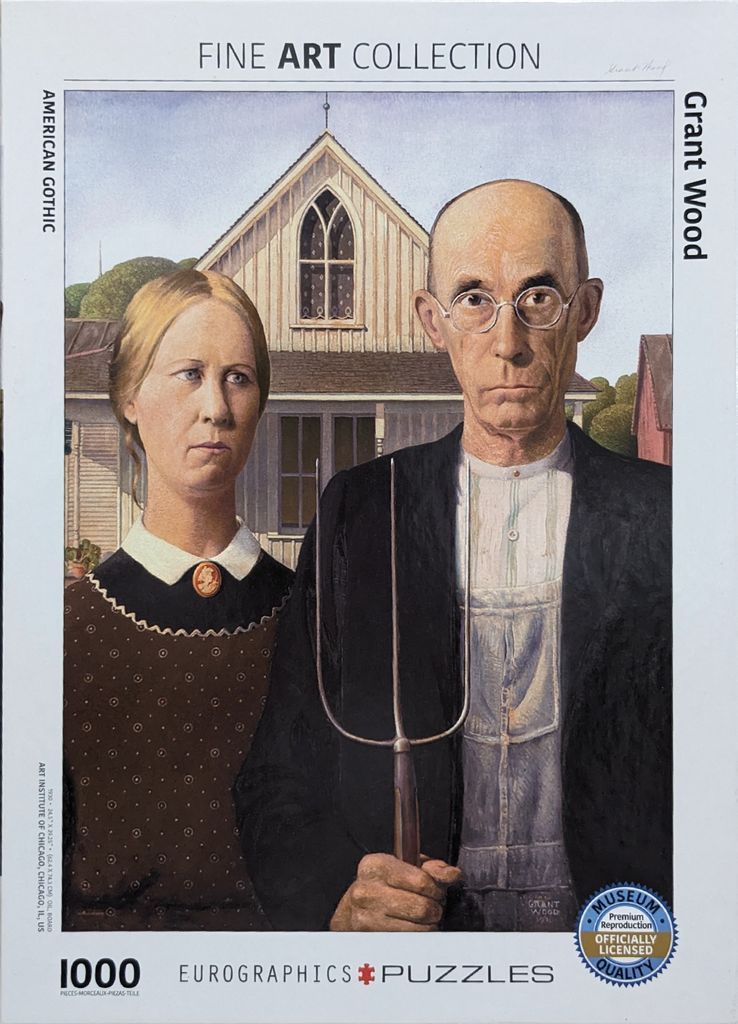 A reproduction of the iconic painting American Gothic by Grant Wood showing a stern-faced couple in front of a farmhouse.