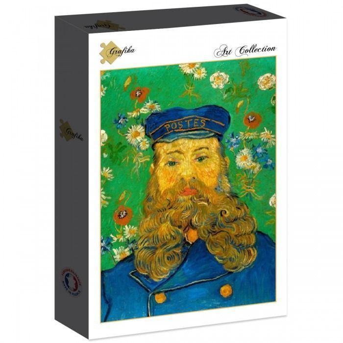 Post-impressionist oil painting of a bearded man in a blue postal uniform against a green floral background.