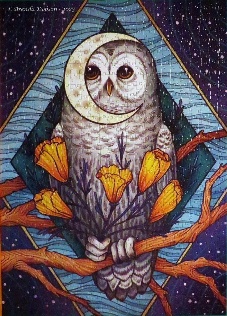 A whimsical illustration of a white owl clutching yellow poppies against a backdrop of a crescent moon and night sky.
