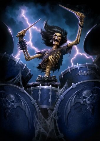 A skeleton with long black hair playing a drum set amidst a lightning storm.