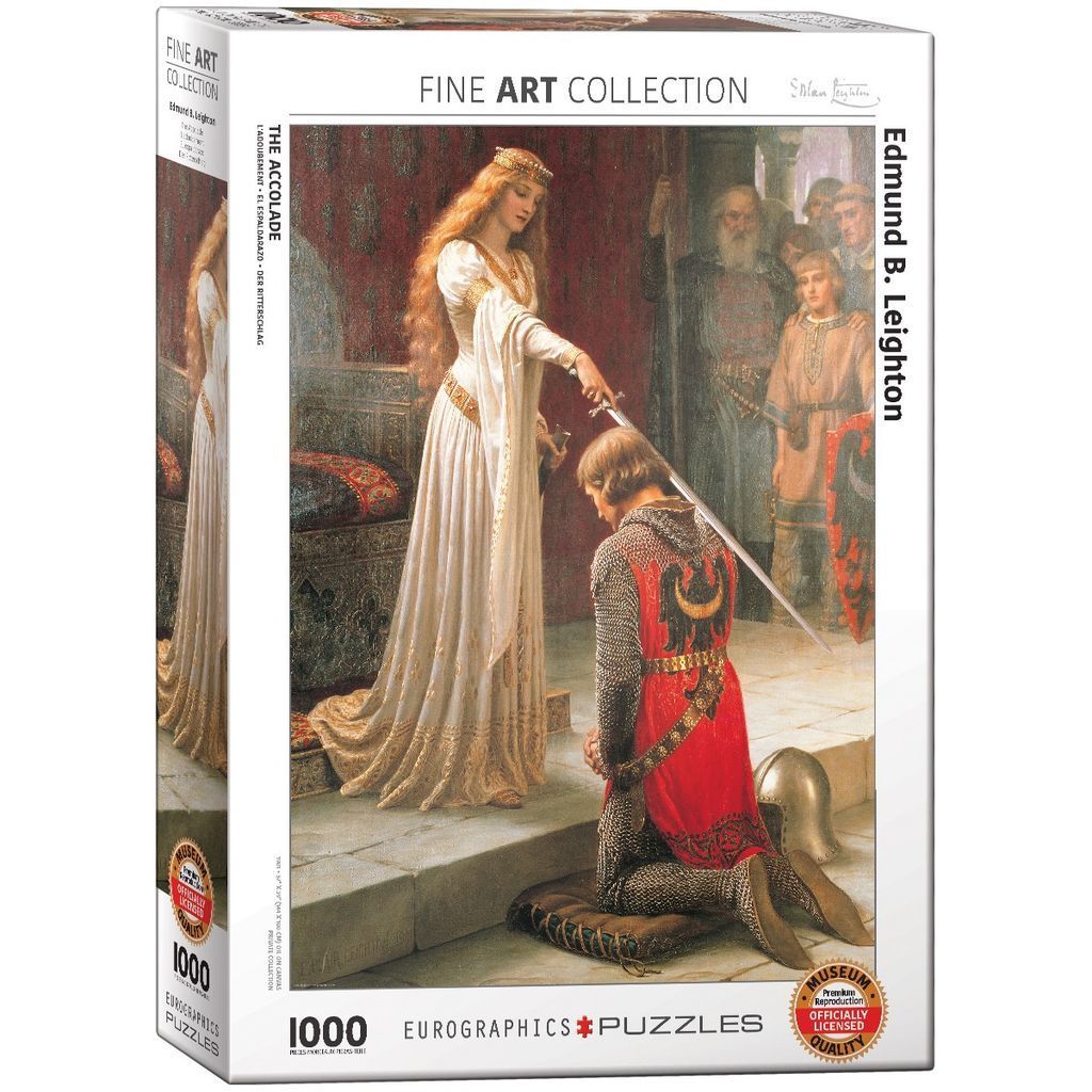 A Victorian oil painting of a woman in a white gown performing the knighting ceremony on a kneeling soldier.