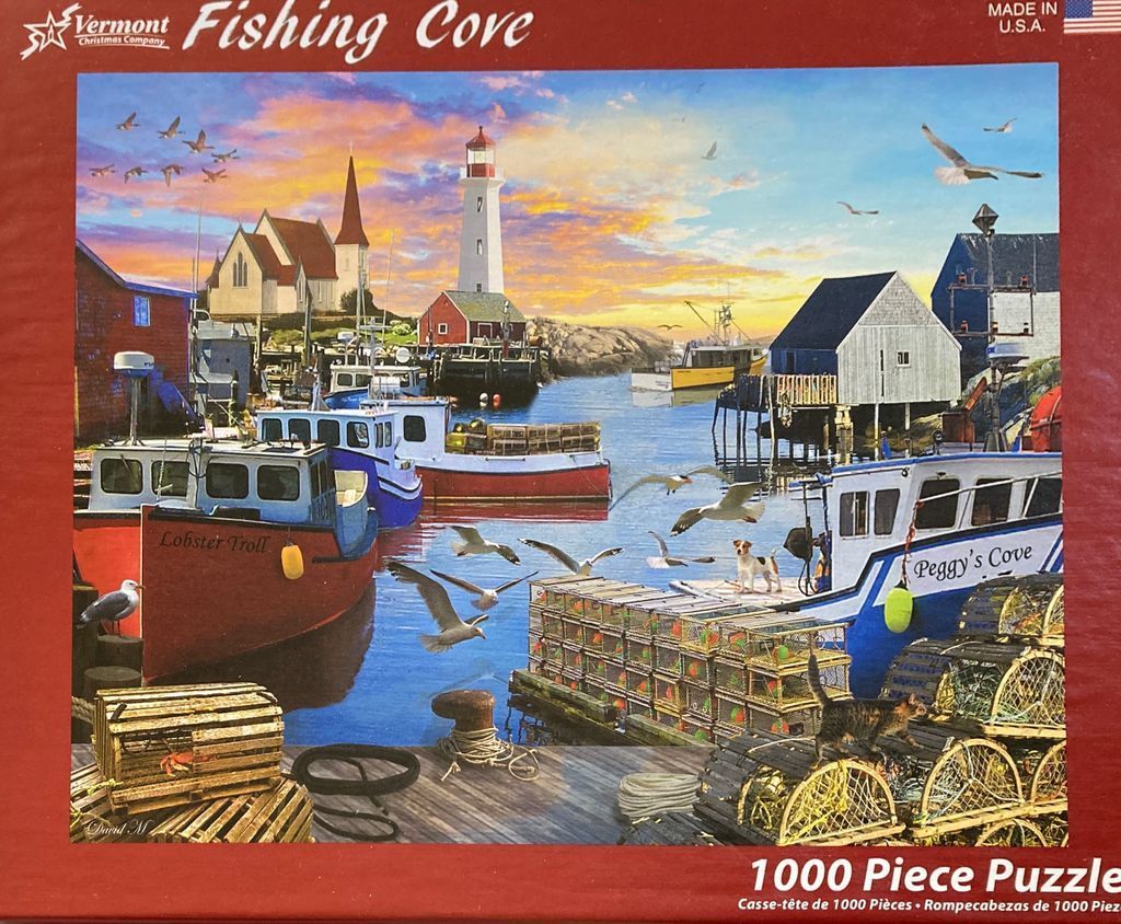 Coastal scene featuring a lighthouse, harbor with fishing boats, and a sunset sky.