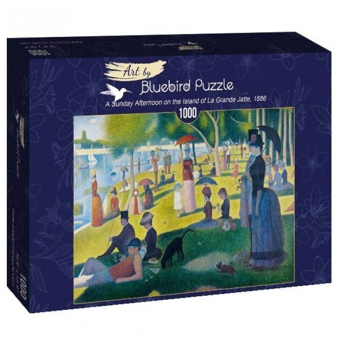 A Sunday Afternoon on the Island of La Grande Jatte by Georges Seurat featuring people relaxing in a park by the river.