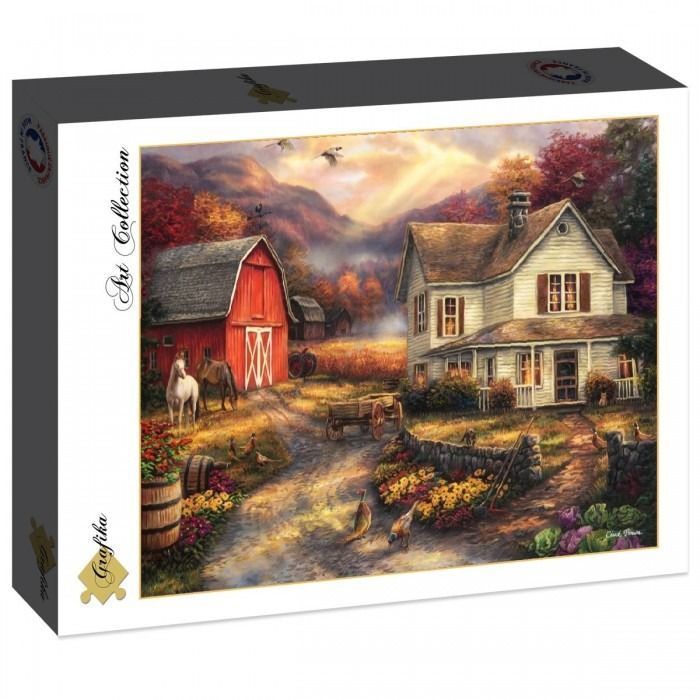 An idyllic farm scene featuring a red barn, a white house, horses, and birds in a warm, golden autumn landscape.