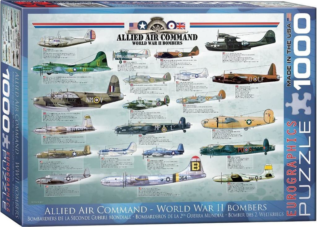 A collage of 18 historical World War II Allied bomber aircraft arranged on a light blue background.