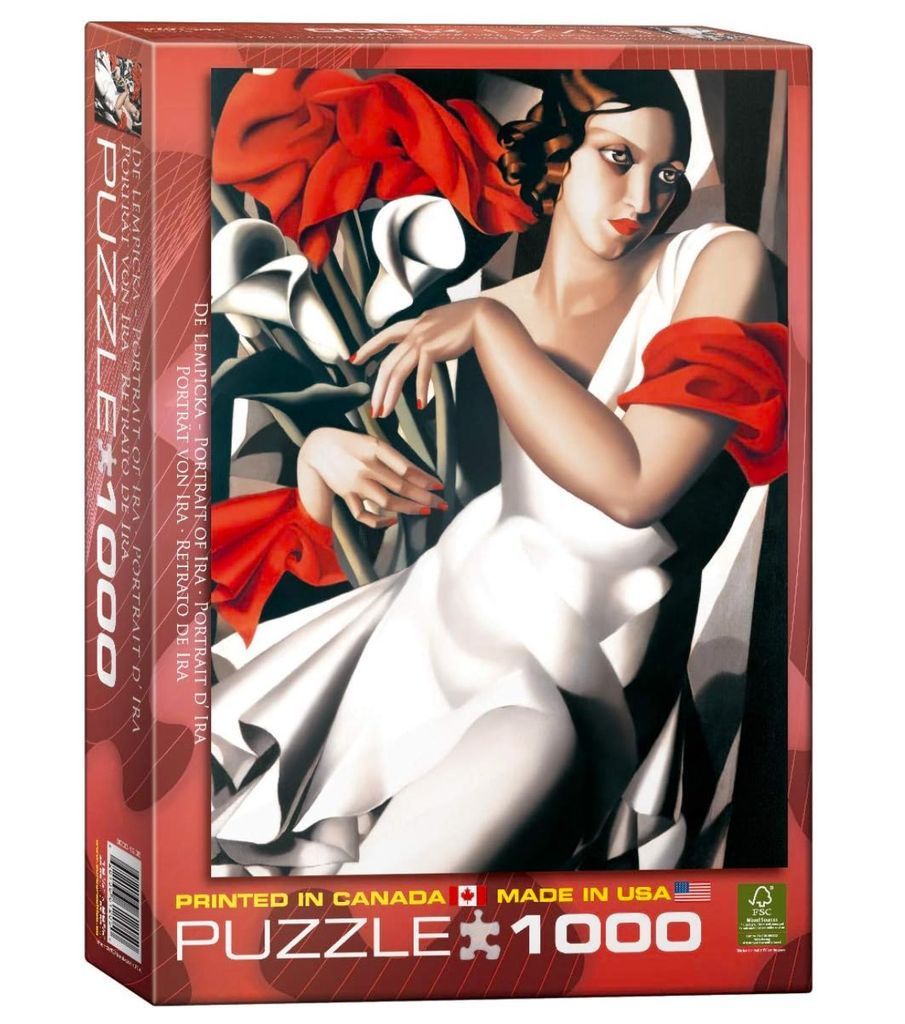 Art Deco oil painting titled Portrait of Ira by Tamara de Lempicka featuring a woman in a white dress with red flowers.