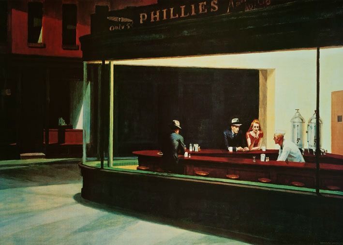 A late-night scene of four people sitting at a brightly lit, curved diner counter in a dark, empty city street.