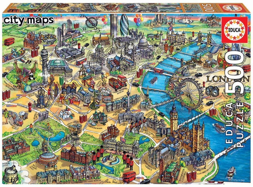 Illustrated whimsical map of London landmarks and attractions