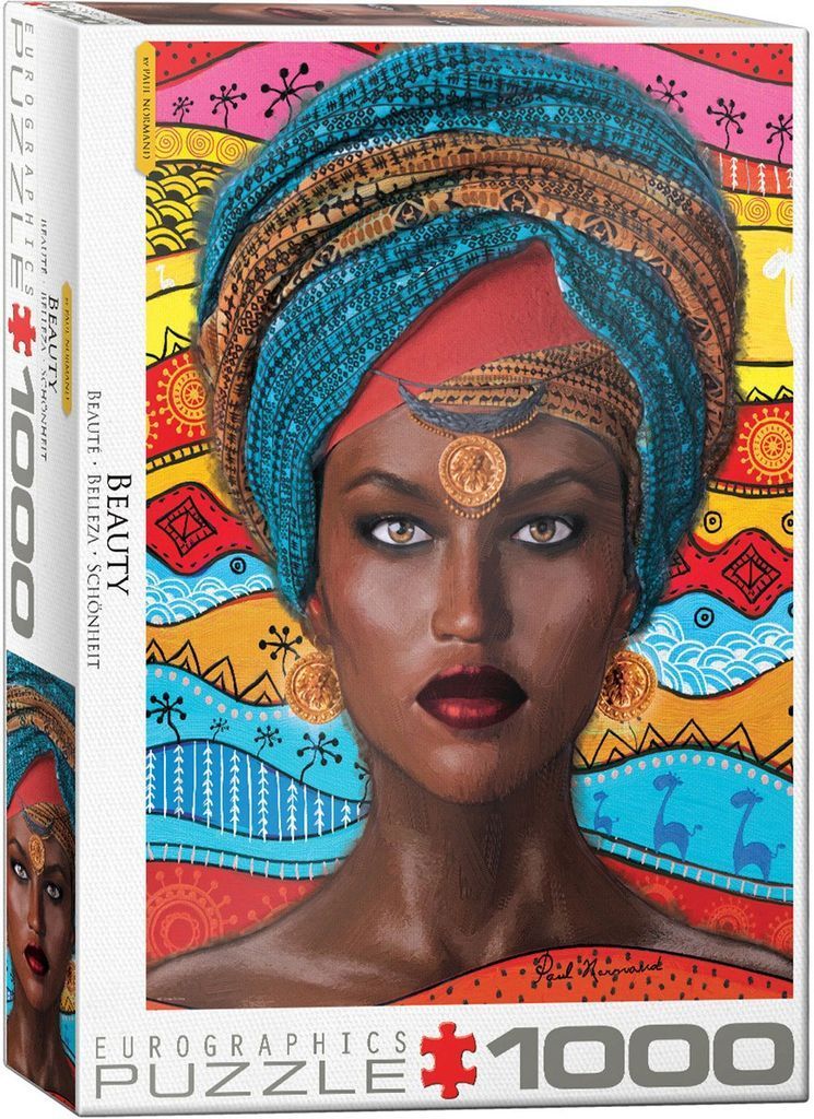 A portrait of a dark-skinned woman wearing an elaborate blue and gold headwrap against a vibrant patterned background.