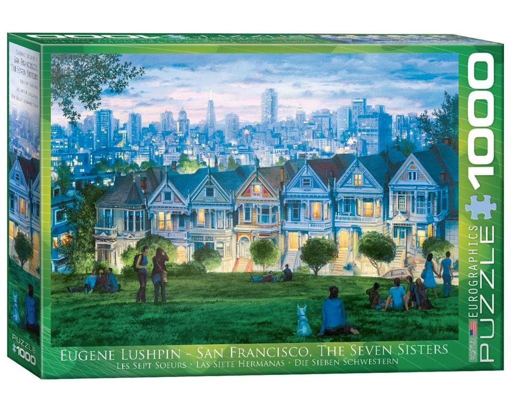 Painting of the San Francisco Seven Sisters Victorian houses at dusk with people relaxing in the foreground park.
