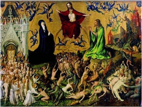 A medieval depiction of the Last Judgment with Christ in glory surrounded by angels and crowds of the resurrected.