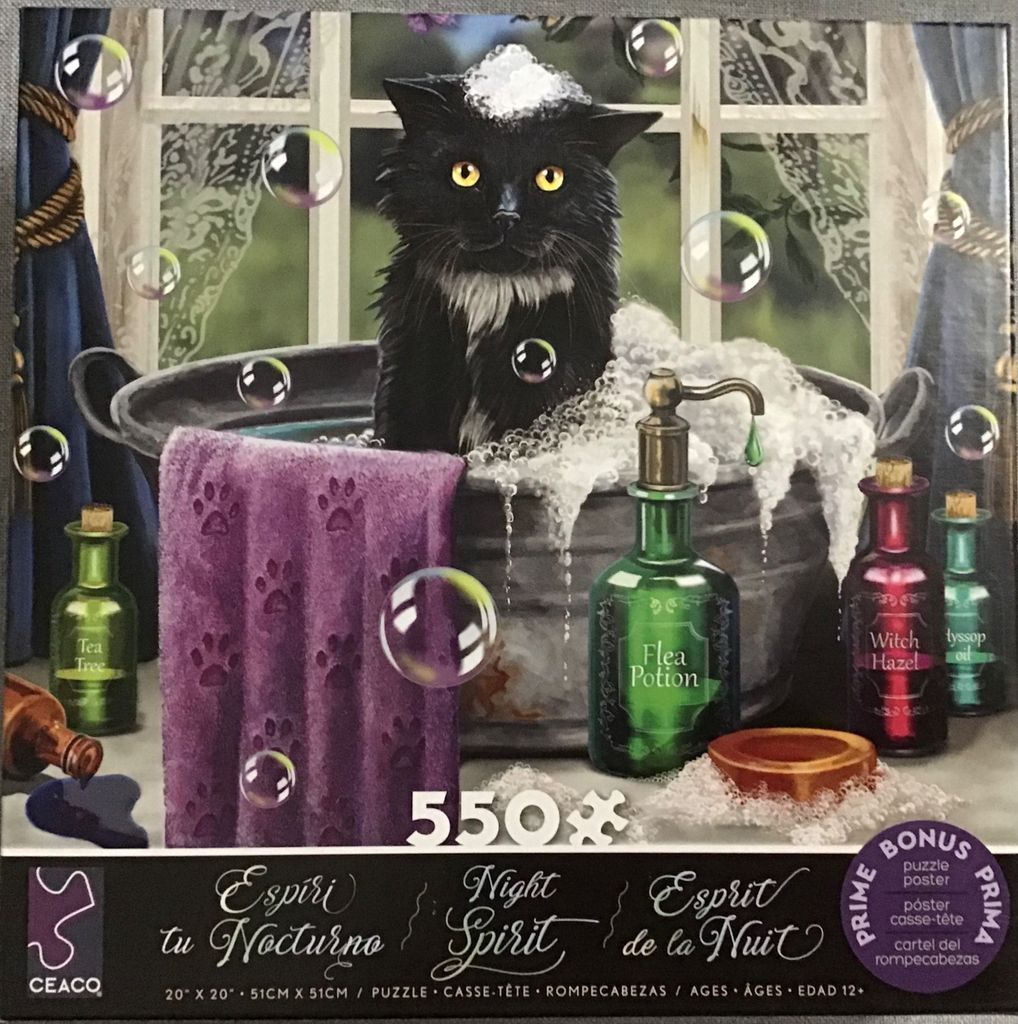 A black cat with a dollop of soap on its head sits in a metal bathtub, surrounded by bubbles and potion bottles.